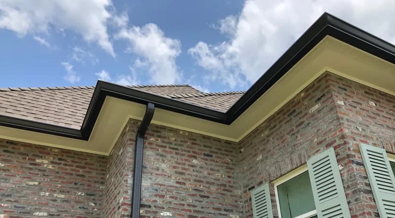 Seamless black gutters and a downspout on a brick home